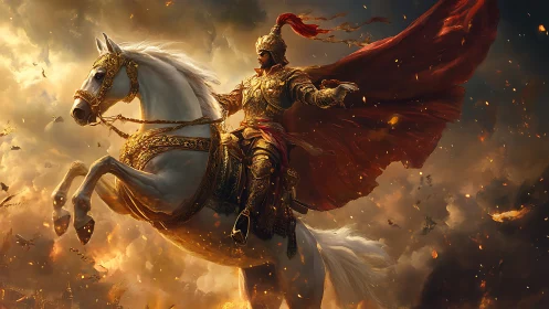 Storm-lit warrior rides a blazing horizon of swirling embers