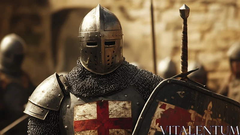 Medieval crusader knight in armor with shield and sword.