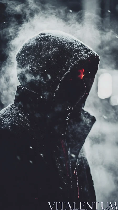 Hooded figure in backlit winter fog with high-contrast bokeh