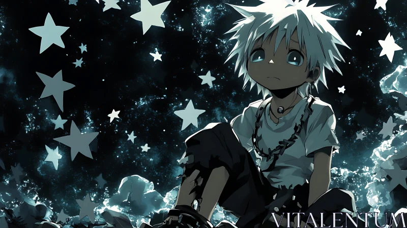 Stargazing boy in monochrome teal anime nightscape.