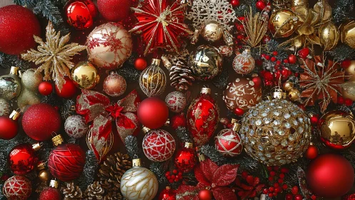 Christmas ornaments cluster with rich red and gold detail.