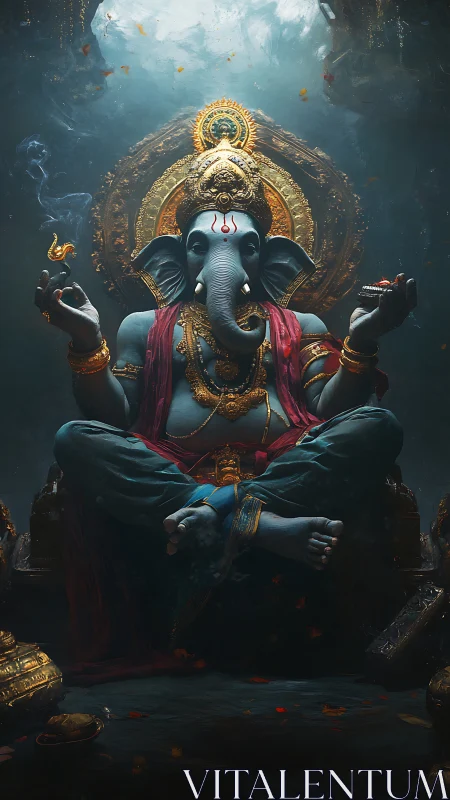 Divine elephant-headed deity seated in ornate shrine