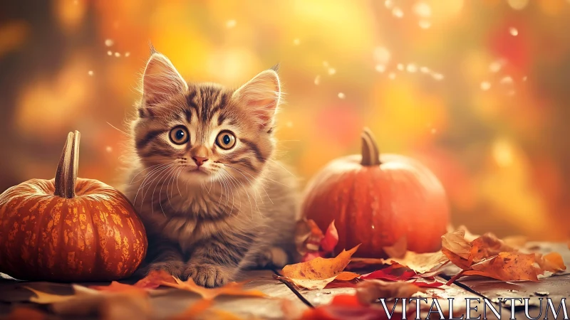Autumn Kitten Surrounded by Pumpkins and Fall Foliage with Warm Bokeh