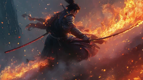 Samurai warrior cuts fiery arc through burning battlefield