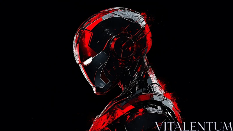 Red cybernetic armored profile rendered in high-contrast digital ink