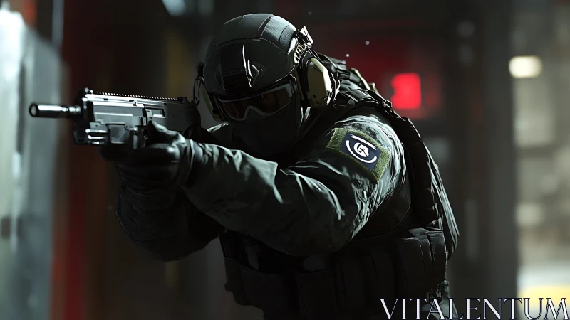 Heavily equipped tactical operative aims rifle indoors