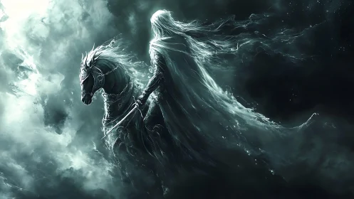 Spectral stormrider on a moonlit phantom warhorse.