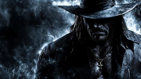 High-contrast outlaw portrait in cinematic chiaroscuro digital art.