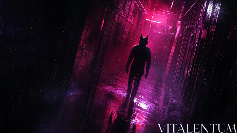 Silhouetted figure walks through neon lit rainy alleyway