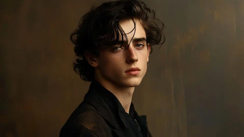 Young man in dark jacket against muted brown backdrop.