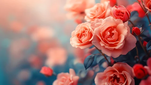 Blooming coral garden roses with selective depth of field bokeh.