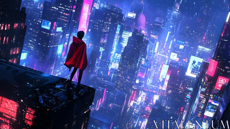 Lone figure surveys neon cyberpunk megacity in rainfall.