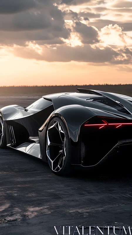 Futuristic black supercar parked on wet asphalt at sunset.