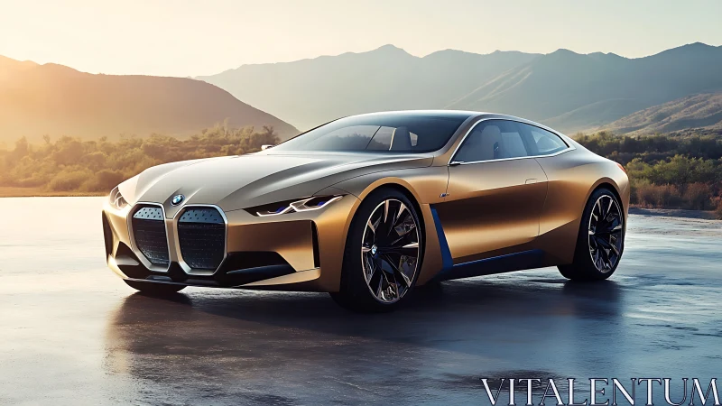 Golden coupe concept stands against hazy mountain sunrise.