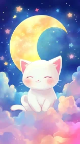 Cute white cartoon cat sitting on clouds under crescent moon.