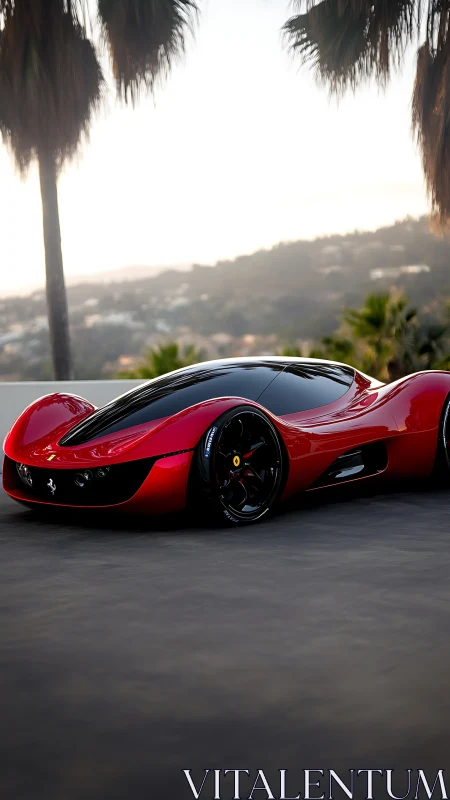 Futuristic red supercar glides along a coastal boulevard.