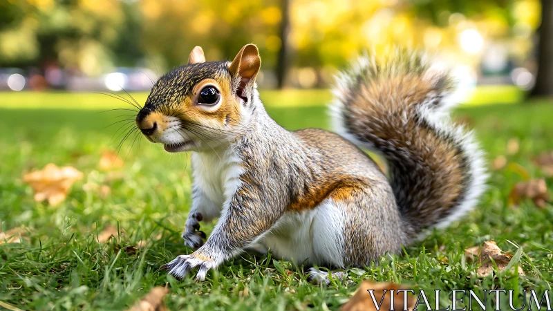 Gray squirrel on grass in park with blurred autumn trees.