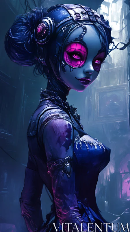 Luminescent cyber doll in a mysterious neon midnight hall.