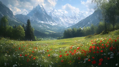 Sunlit wildflower meadow gently welcomes distant snowy peaks