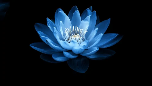 Blue Lotus Flower Illuminated Against Black Background.