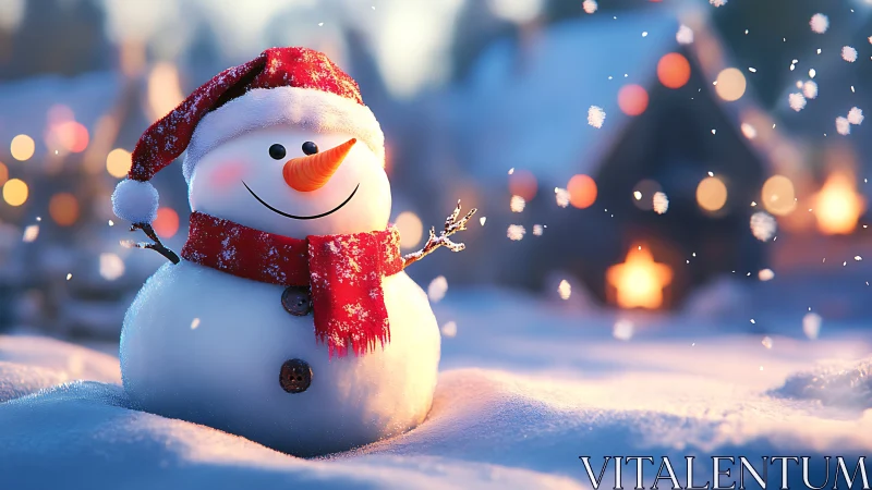 Cheerful snowman greets twilight village in glowing snowfall.