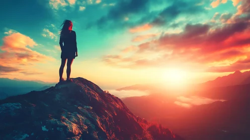 Silhouetted figure stands on rocky peak at vivid sunset