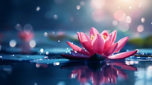 Luminous pink water lily drifting on reflective twilight pond.