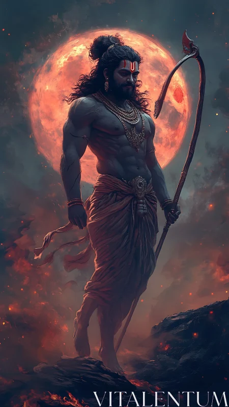 Mythic warrior figure before a large red lunar backdrop.