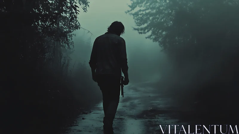 Solitary armed figure walks down misty forest road at dusk