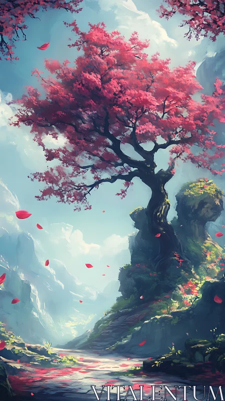 Digital landscape shows pink-blossomed tree in rocky valley