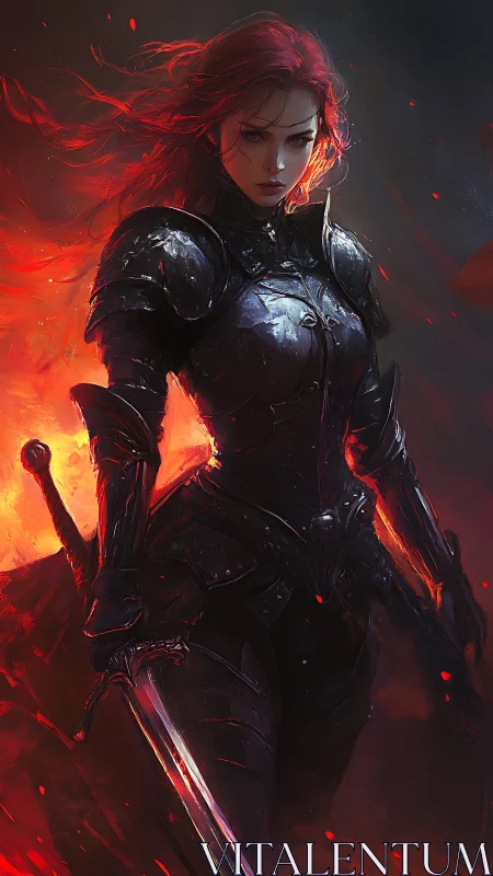 Red haired armored warrior stands before burning flames.