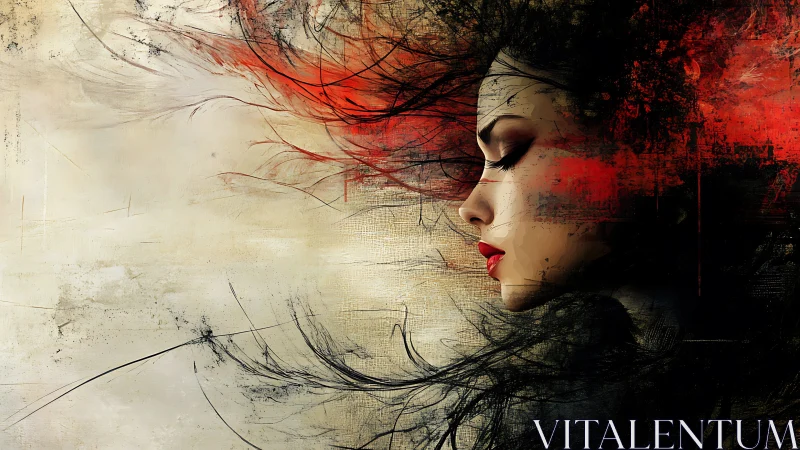 Silent profile of a painted woman dissolving into red mist