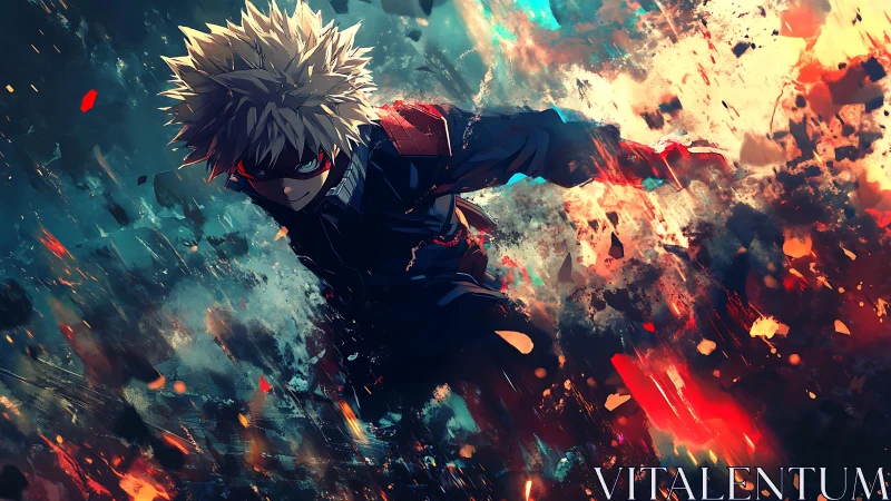 Explosive anime combat vector, chromatic blast dynamics.