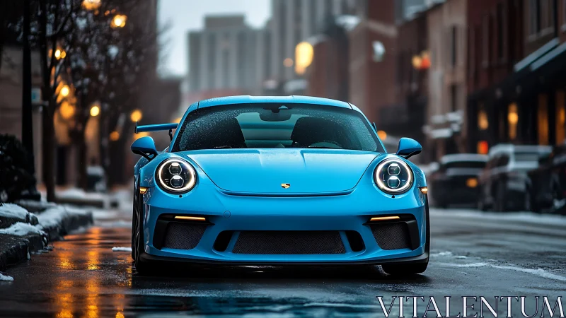 Blue sports car stands on wet winter city street at dusk