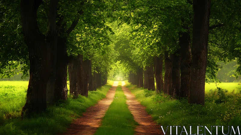 Sunlit tree tunnel frames winding rural dirt pathway.