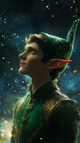 Elf archer in emerald attire gazes upward amid astral glow