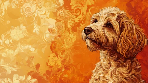 Textured golden doodle portrait on ornate floral orange field.