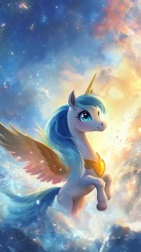 Winged unicorn ascends through radiant celestial clouds.