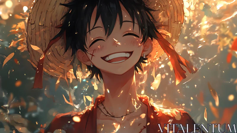 Smiling straw hat boy under glowing golden leaf shower.