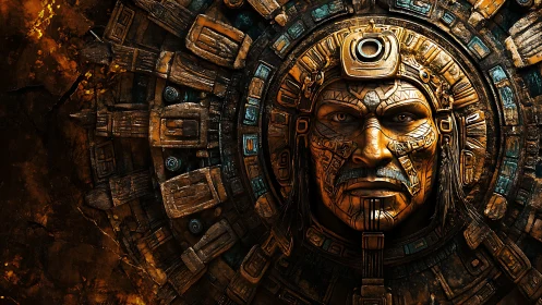 Digital painting of Aztec cyber-iconic mask in radial relief.