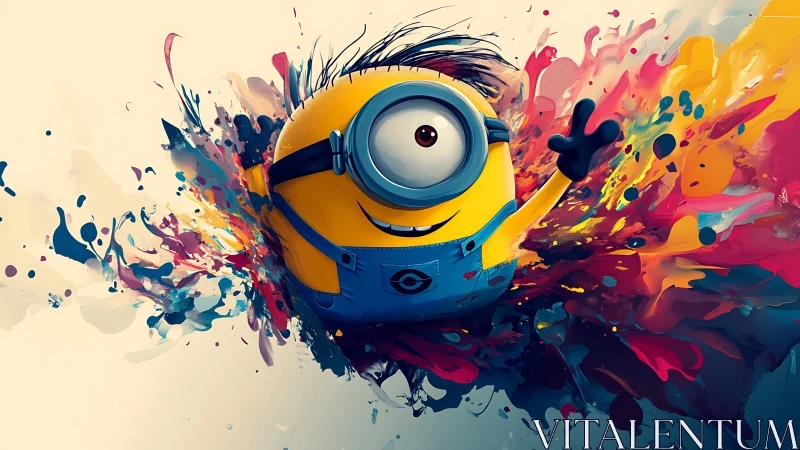 Yellow cartoon figure amid multicolored paint splash field.