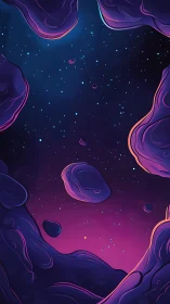 Rocky neon asteroid field curves around starry deep sky