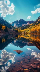 Golden autumn mountains rest quietly beside a glassy lake