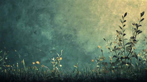 Stylized foreground foliage against textured teal atmospheric backdrop