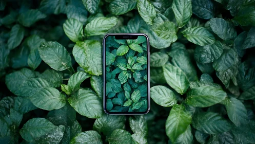 Nature loops through a smartphone portal of tangled green leaves.