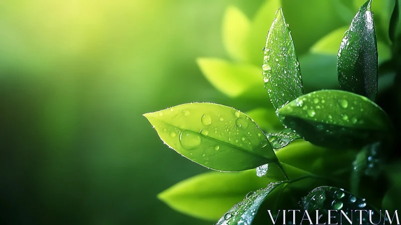 Wet green leaves hold bright water droplets after rainfall