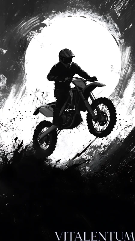 Moonlit dirt bike rebel leaping through inky night sky.