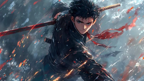 Storm-lit swordfighter poised between sparks and silence.