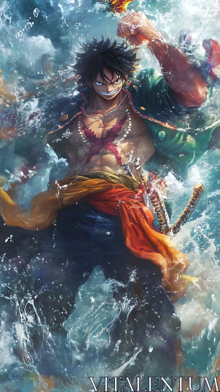 Male anime fighter amid turbulent water with flaming fist.