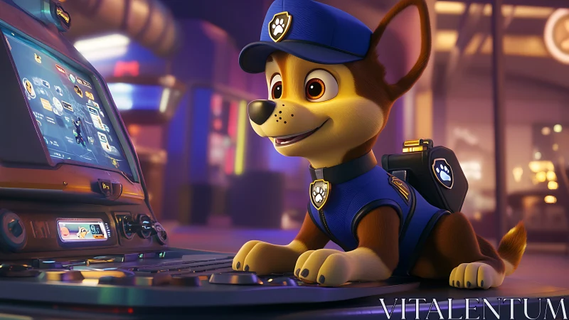 Cartoon police puppy operating a colorful computer workstation.